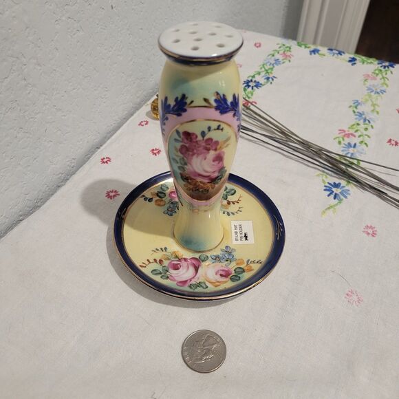 Antique Limoges Porcelain Hat Pin Holder W/ Trinket Dish Gold Trim France Floral - Picture 1 of 12